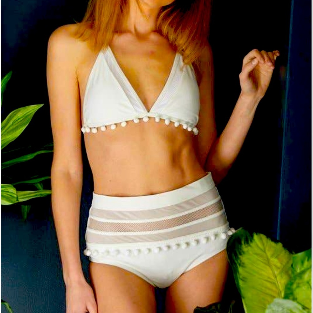 Davi & Dani white pom pom fringe high waisted bikini w triangle top mesh inserts